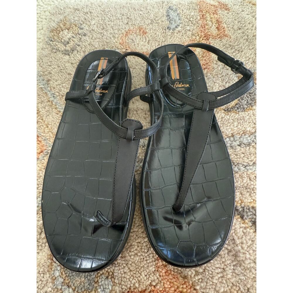 Sam Edelman Black Croc-Embossed T-Strap Sandals